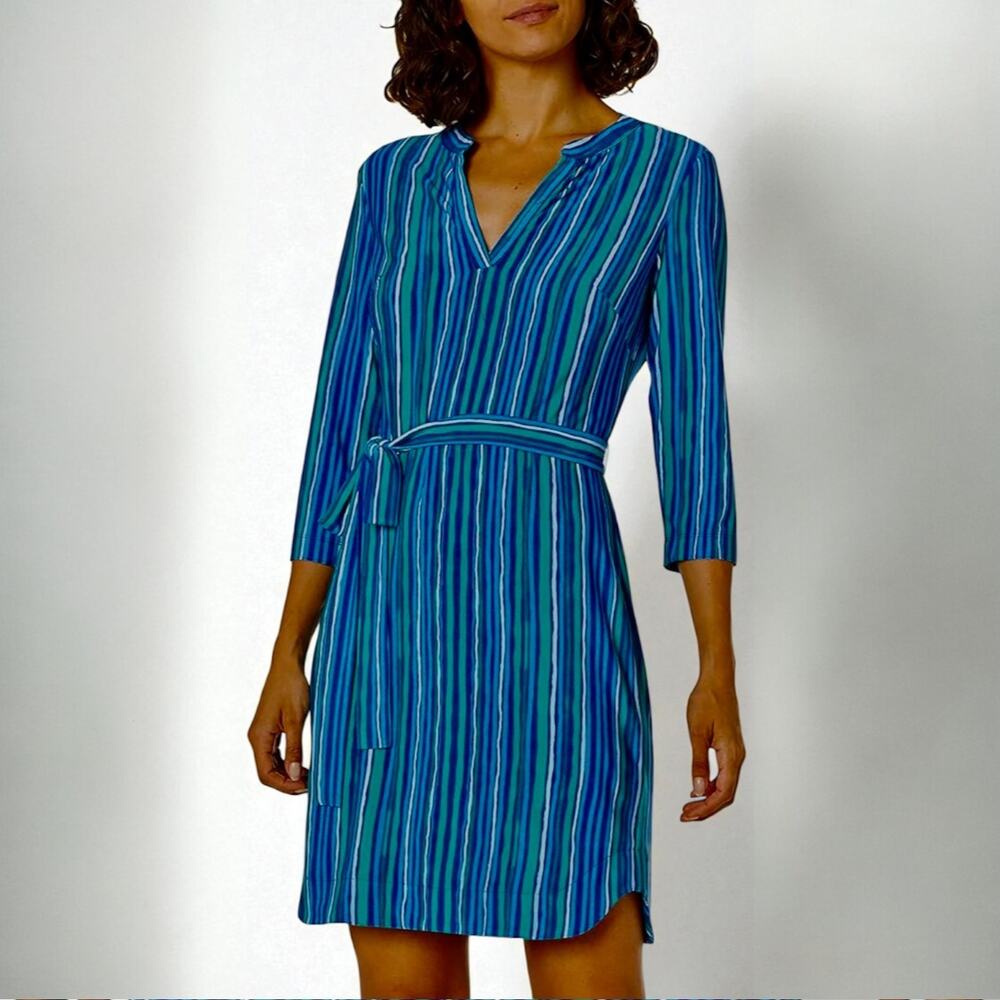 Donna Morgan Retro Striped Dress Sz 0 V Neck Blue Jersey Print Belted Stitch Fix